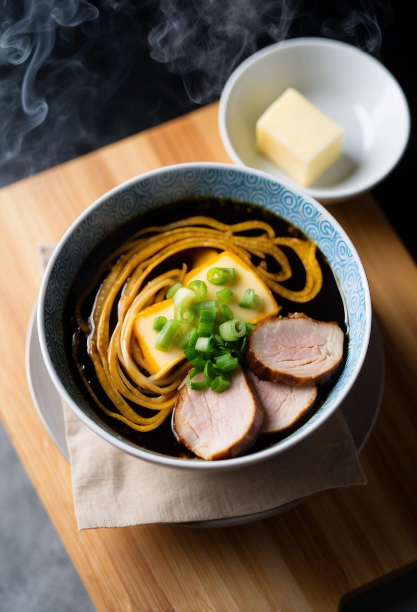 A steaming bowl of ramen with swirls of soy sauce and butter, topped with green onions and slices of tender pork