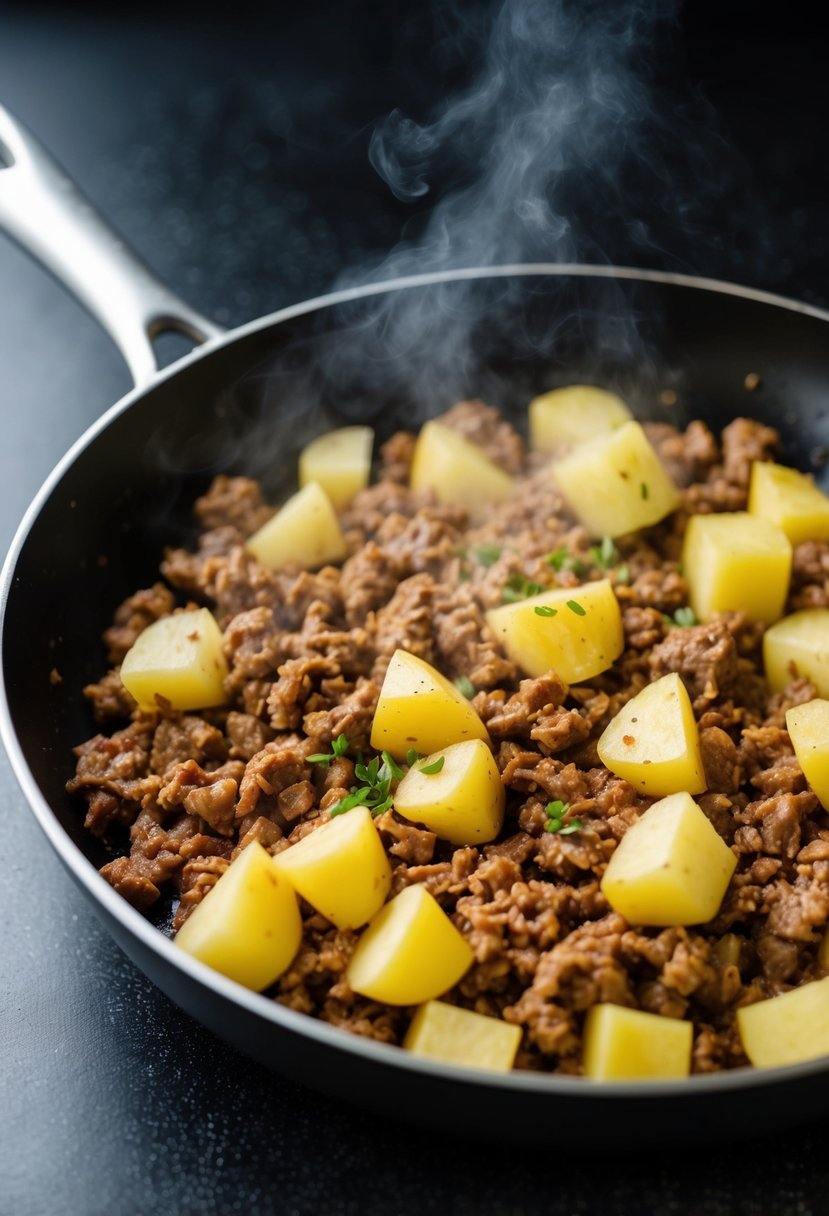 A sizzling skillet with seasoned ground beef and diced potatoes cooking together, emitting a mouth-watering aroma