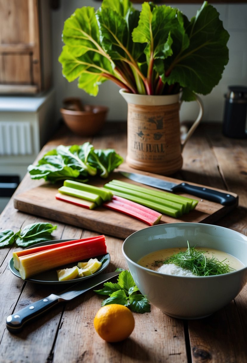 A rustic kitchen counter with fresh rhubarb, a cutting board, a knife, and a mixing bowl filled with ingredients for making rhubarb salad dressing