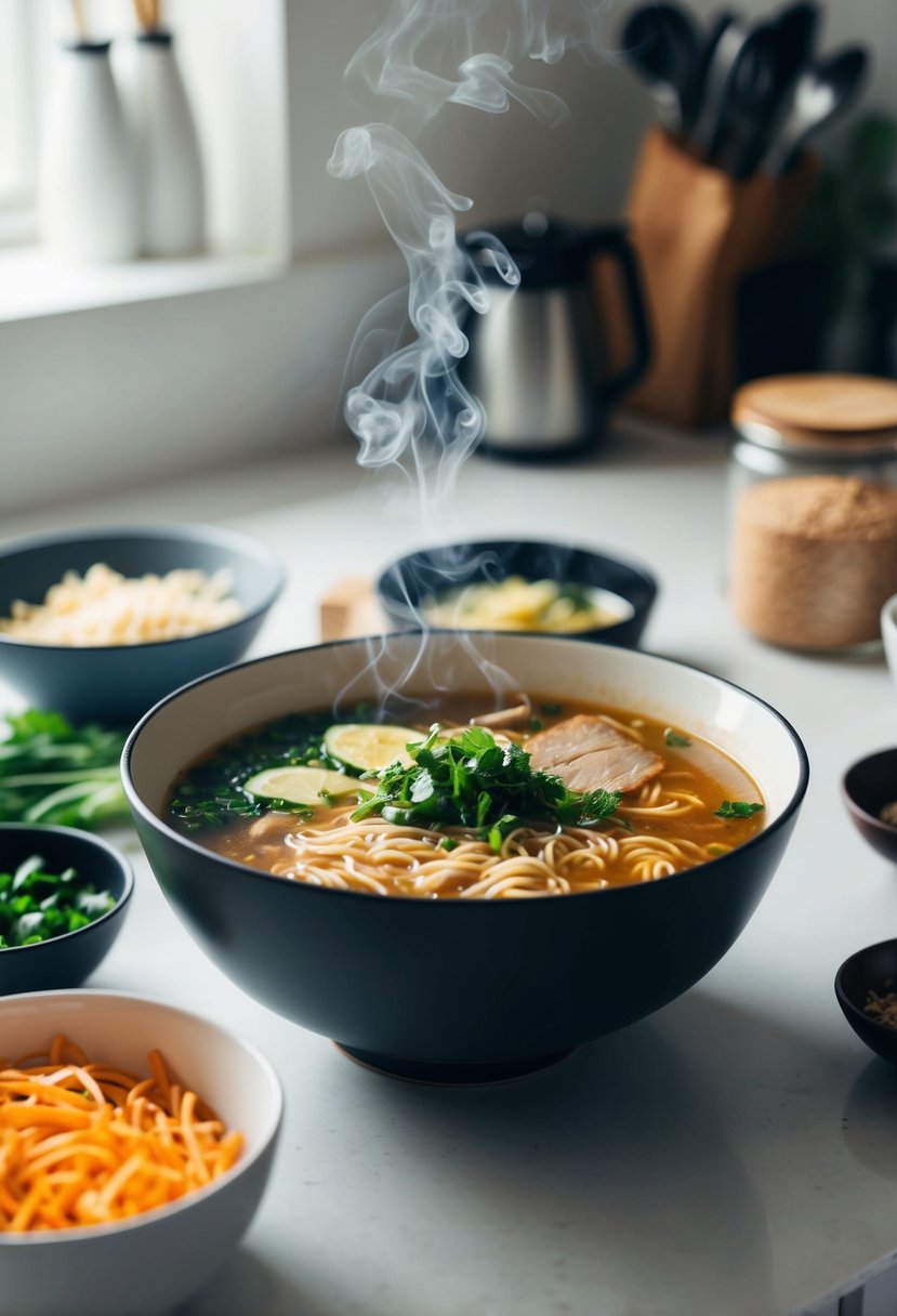 A steaming bowl of homemade ramen surrounded by fresh ingredients and cooking utensils on a clean kitchen counter