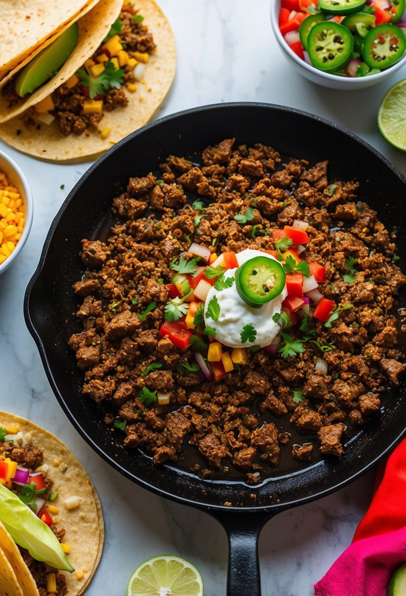 A skillet sizzling with seasoned ground beef, surrounded by colorful taco toppings and tortillas