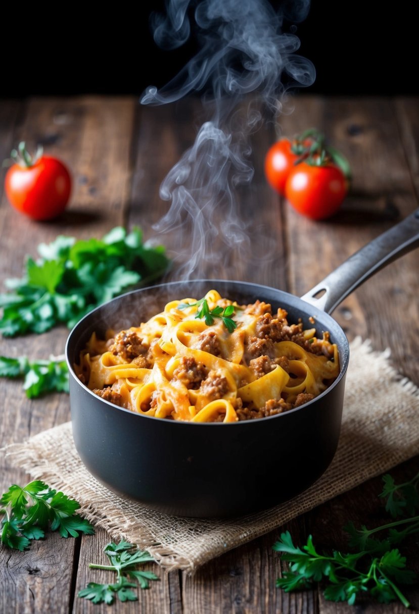 A steaming pot of cheesy ground beef pasta on a rustic wooden table. Tomatoes and herbs scattered around