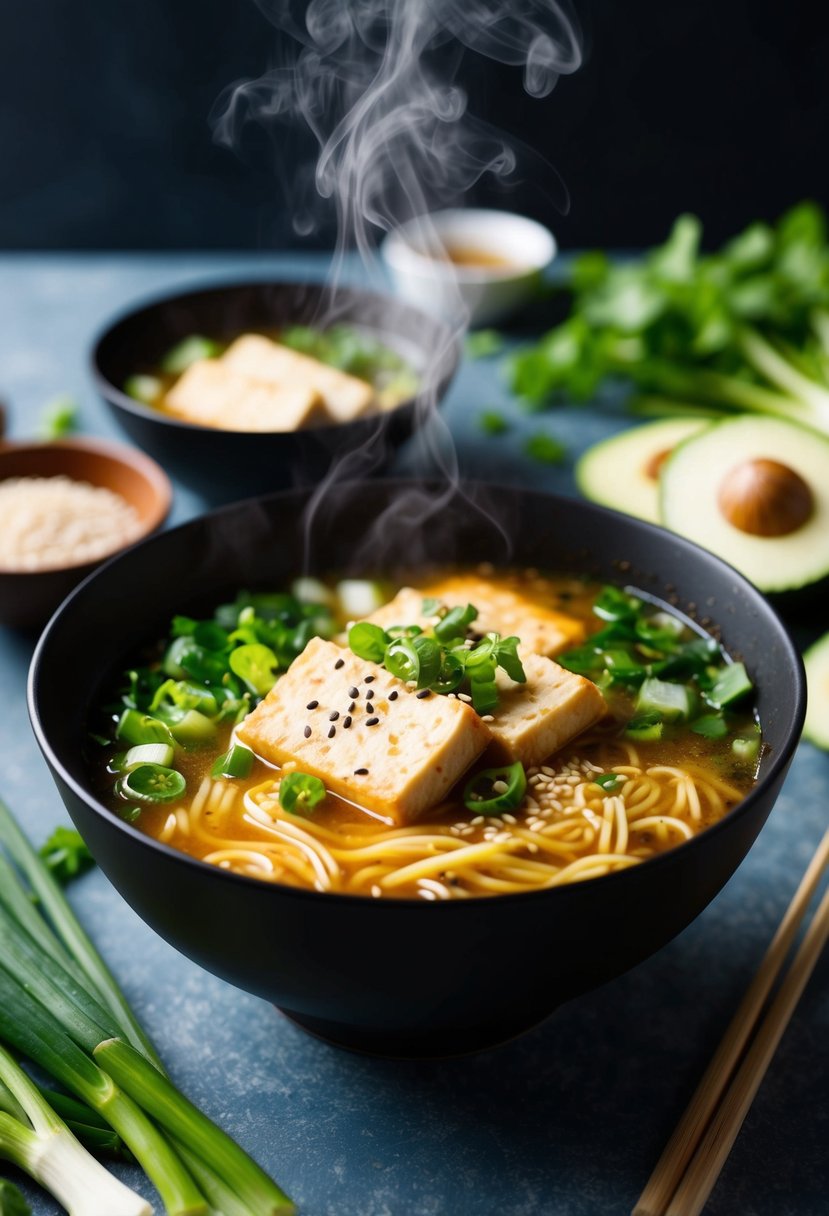 A steaming bowl of vegan tofu ramen surrounded by fresh vegetables and garnished with green onions and sesame seeds