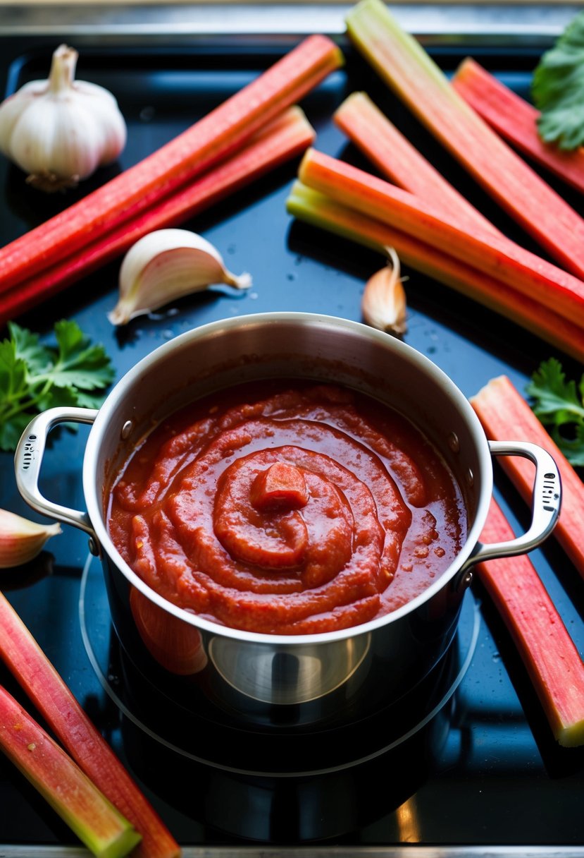 A pot of simmering rhubarb barbecue sauce on a stovetop, surrounded by fresh rhubarb stalks, garlic cloves, and other ingredients