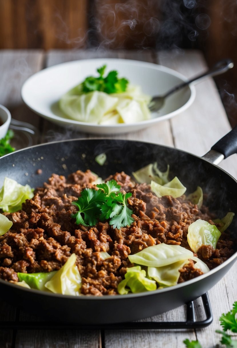 A sizzling skillet with ground beef and cabbage cooking together