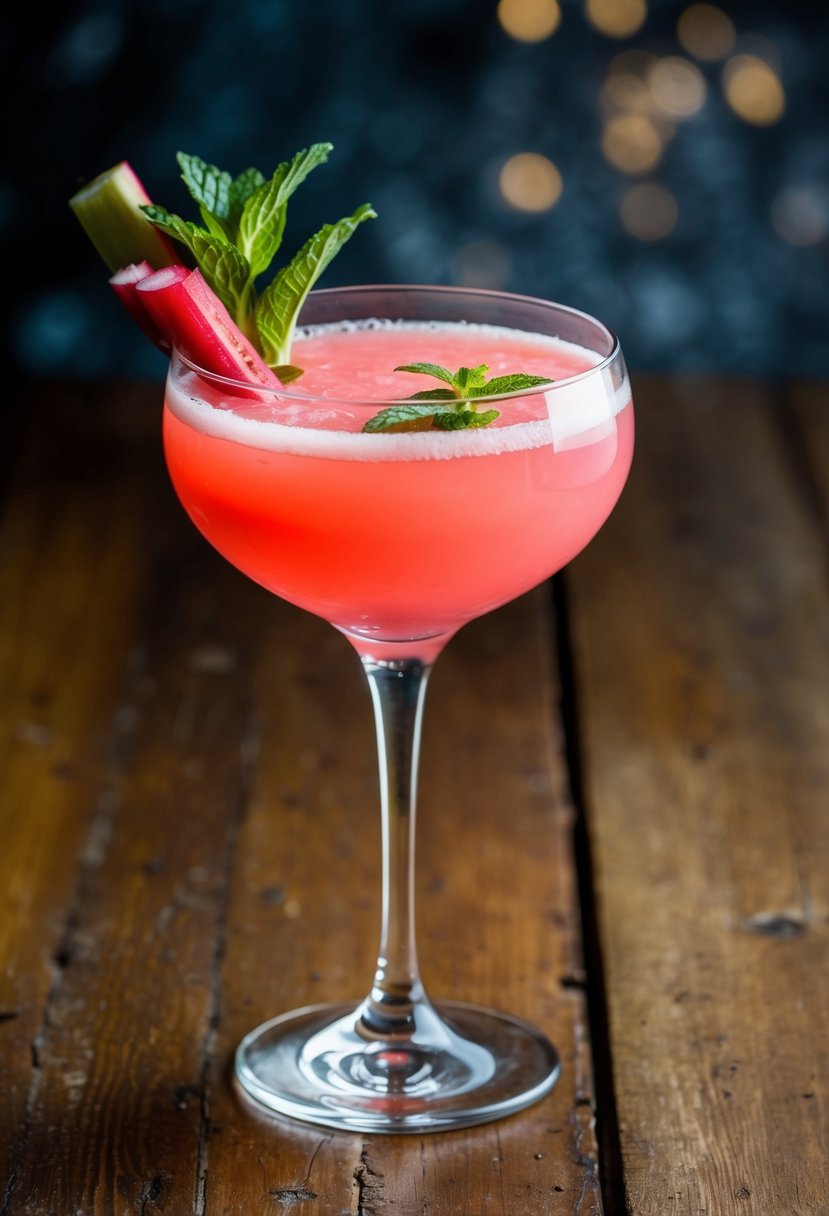 A tall glass filled with a vibrant pink rhubarb cocktail, garnished with a twist of rhubarb and a sprig of fresh mint, sitting on a rustic wooden table