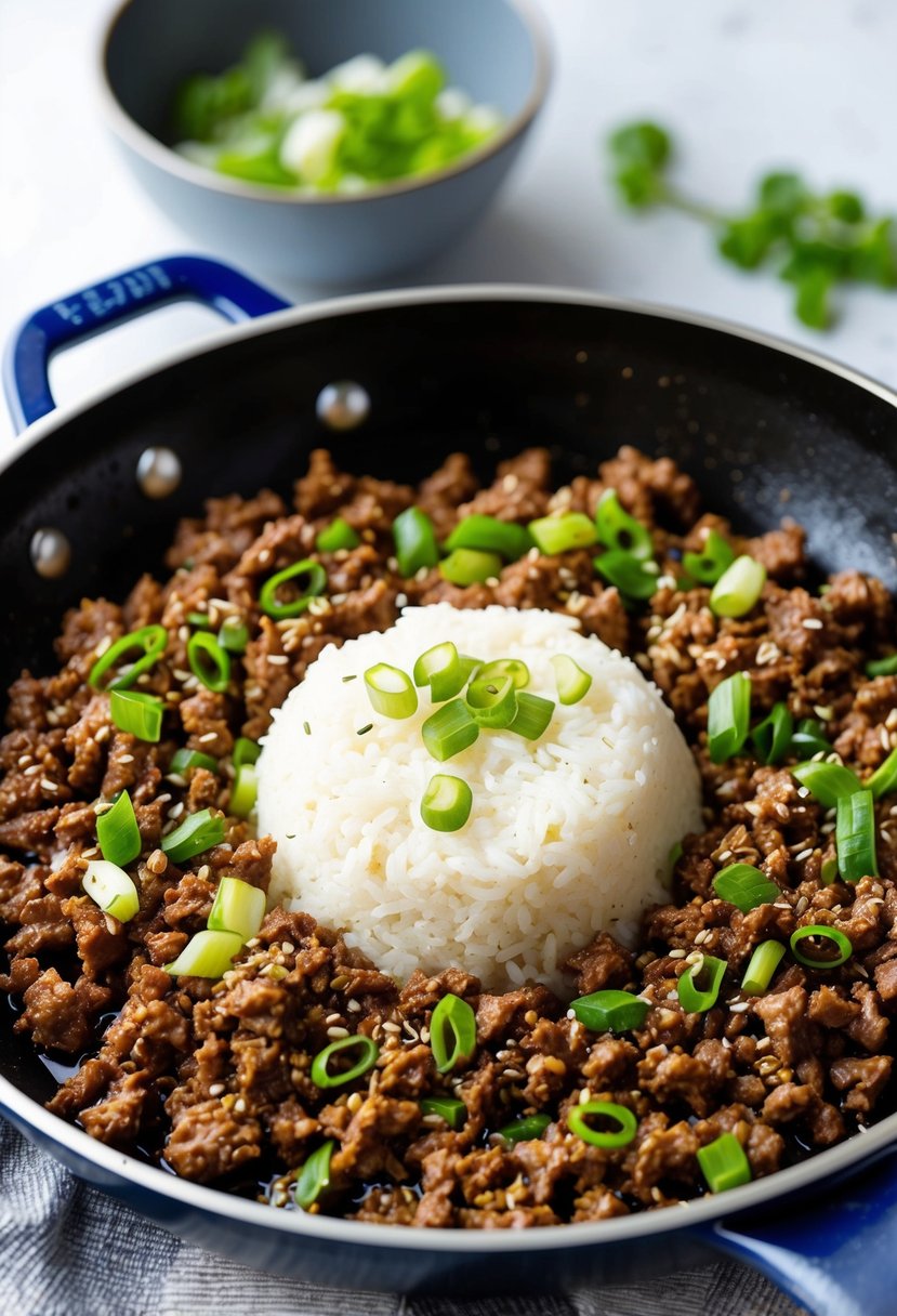 A sizzling skillet of seasoned ground beef, mixed with green onions and sesame seeds, sits atop a bed of steamed white rice in a simple yet delicious Korean beef bowl