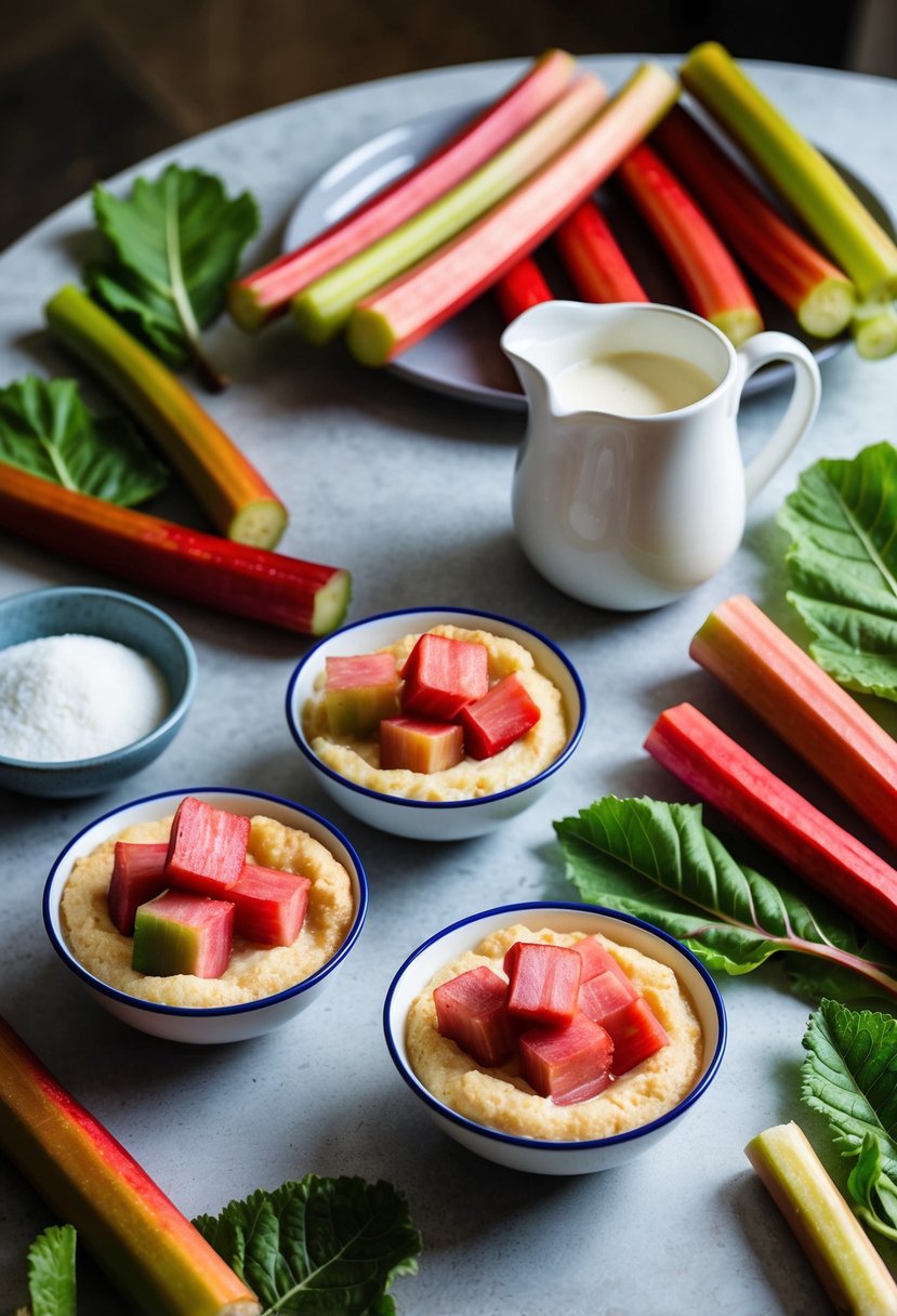 A table set with rhubarb fools, surrounded by fresh rhubarb stalks and leaves. A pitcher of cream and a bowl of sugar sit nearby