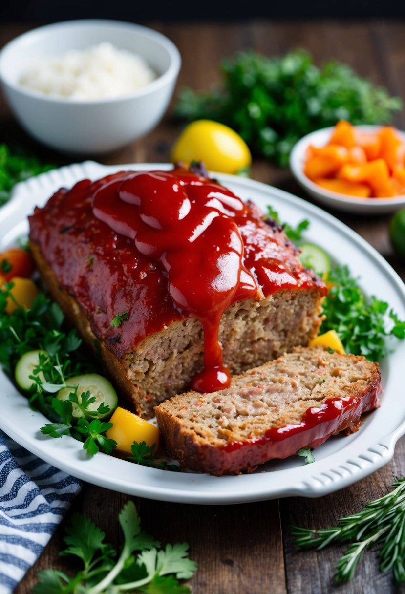 A juicy meatloaf, topped with ketchup, sits on a white ceramic platter surrounded by fresh herbs and colorful vegetables