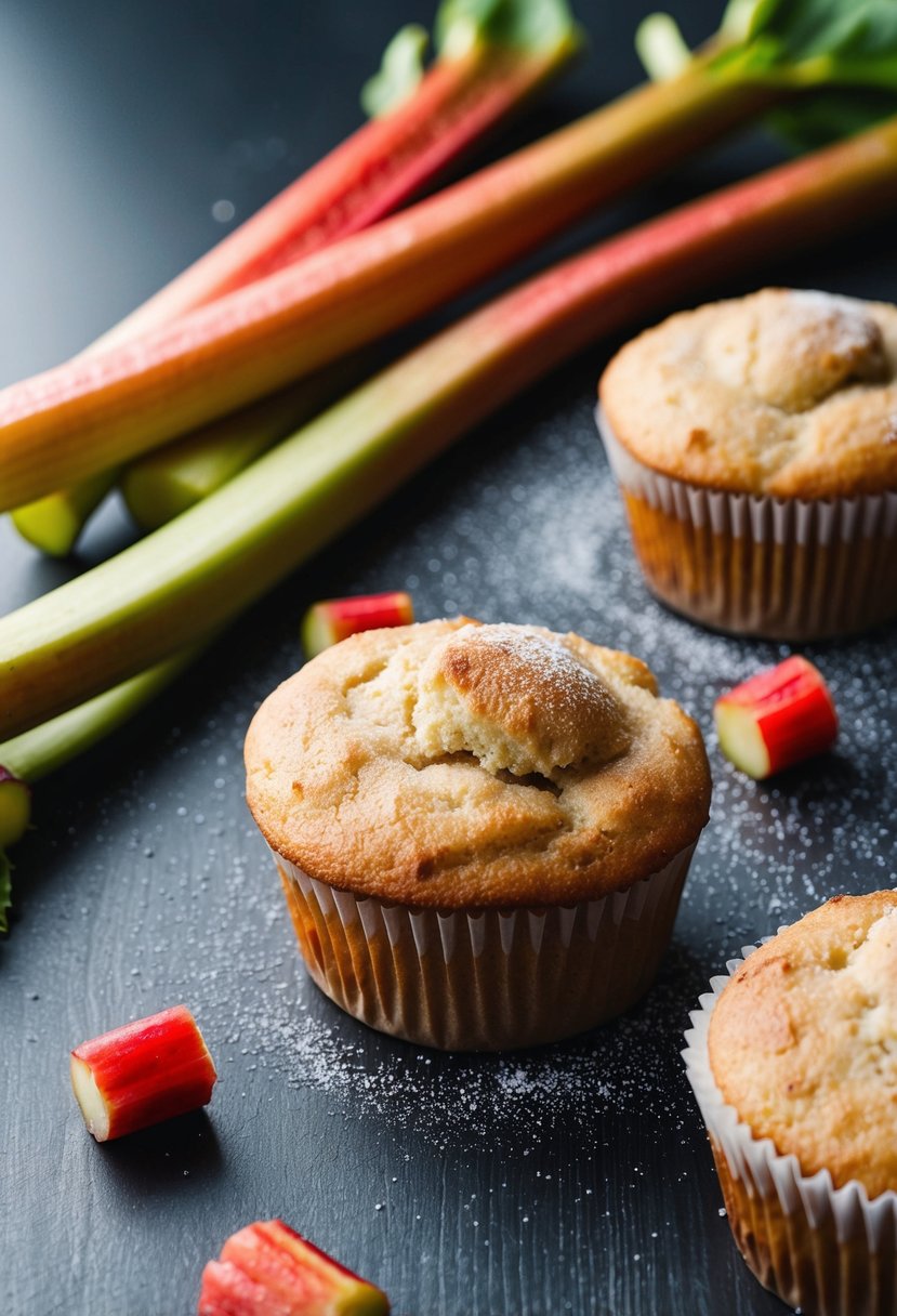 A table set with freshly baked rhubarb muffins, surrounded by stalks of rhubarb and a scattering of sugar