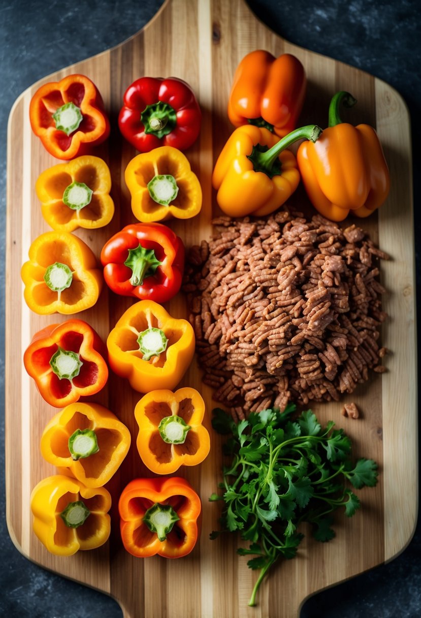 A wooden cutting board with halved bell peppers, ground beef, and assorted ingredients arranged neatly