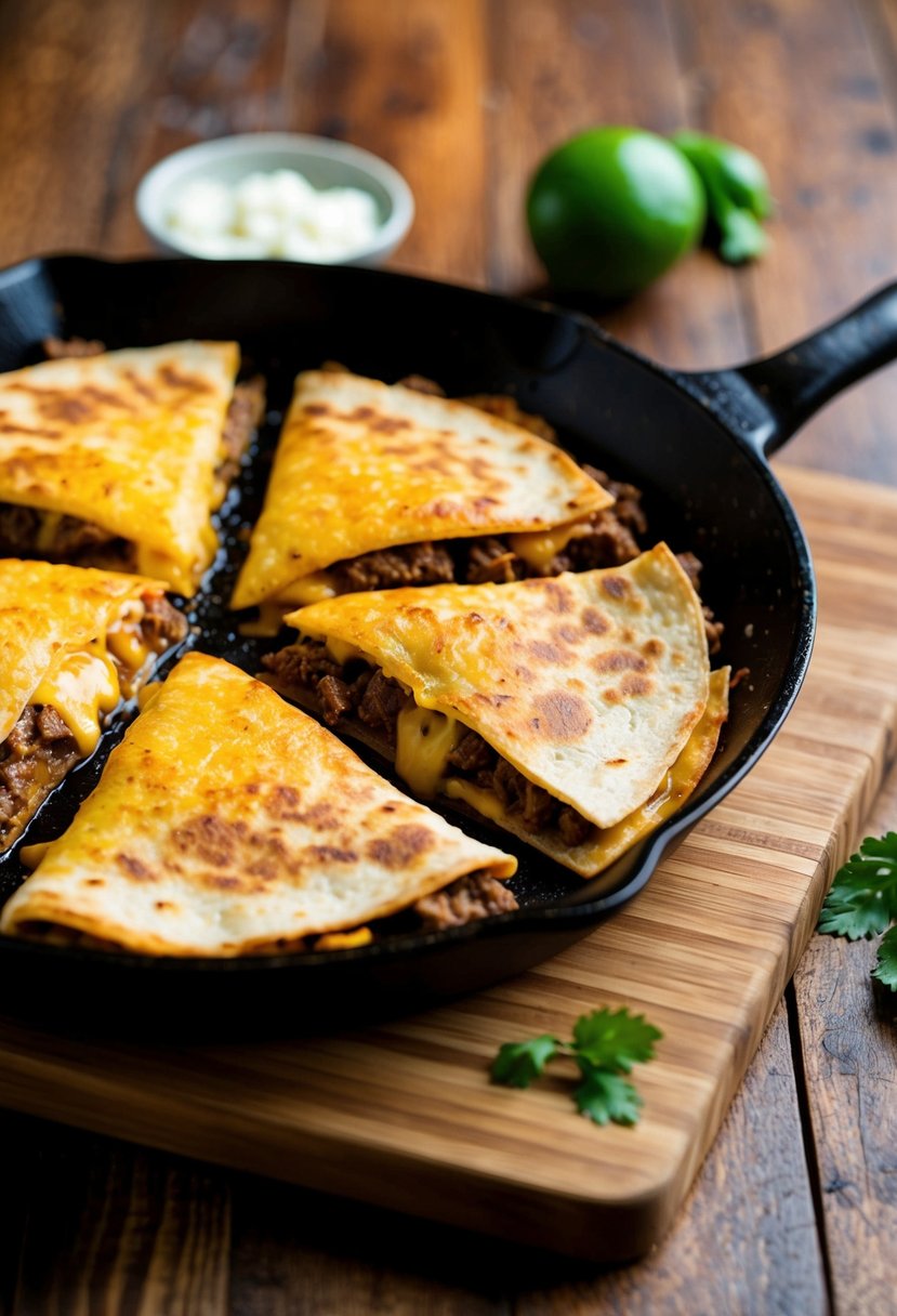 A sizzling skillet of beef quesadillas with bubbling cheese and golden tortillas on a wooden cutting board