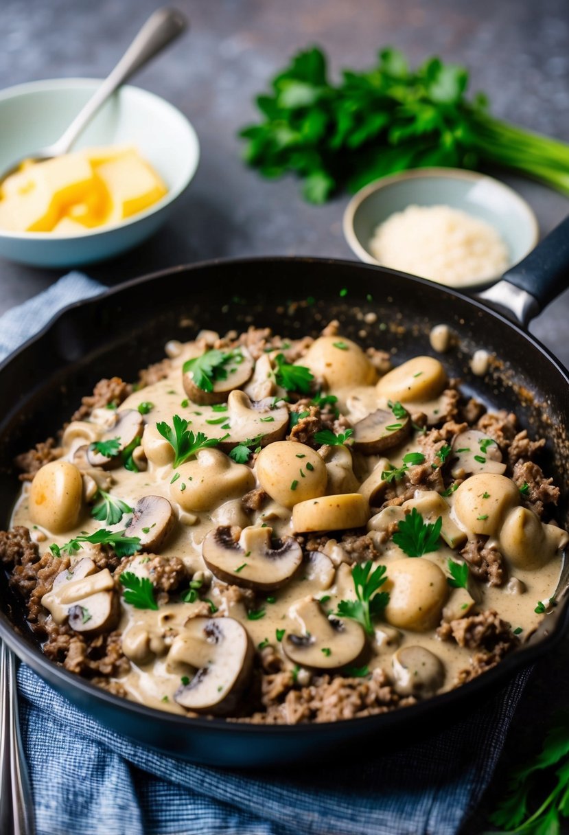 A bubbling skillet of ground beef stroganoff with mushrooms and creamy sauce, garnished with fresh parsley