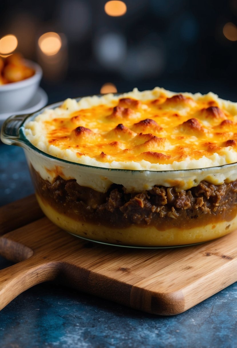 A bubbling casserole dish of shepherd's pie, topped with creamy mashed potatoes and golden brown beef filling