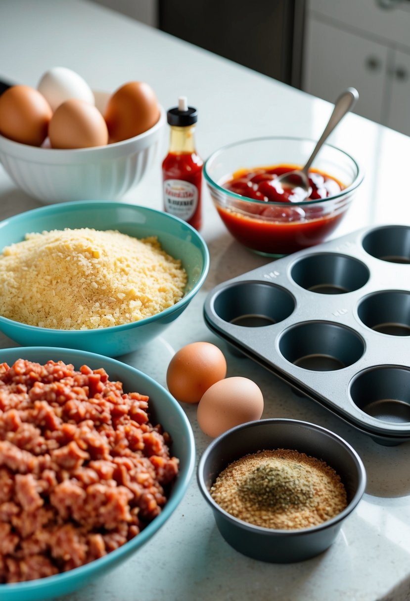 A kitchen counter with ingredients: ground beef, breadcrumbs, eggs, ketchup, and seasonings. A mixing bowl and a muffin tin are ready for preparation