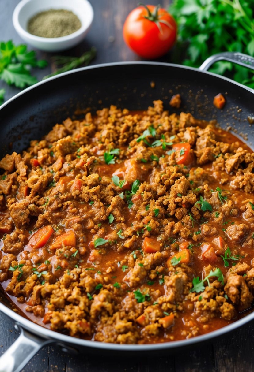 A sizzling skillet of ground beef simmering in a rich, tomato-based sauce, with aromatic herbs and spices scattered around