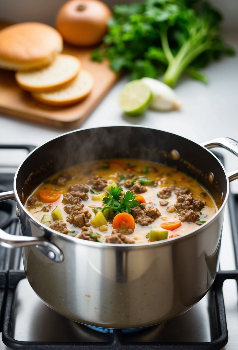 A pot of cheeseburger soup simmers on the stove, with ground beef, vegetables, and creamy broth