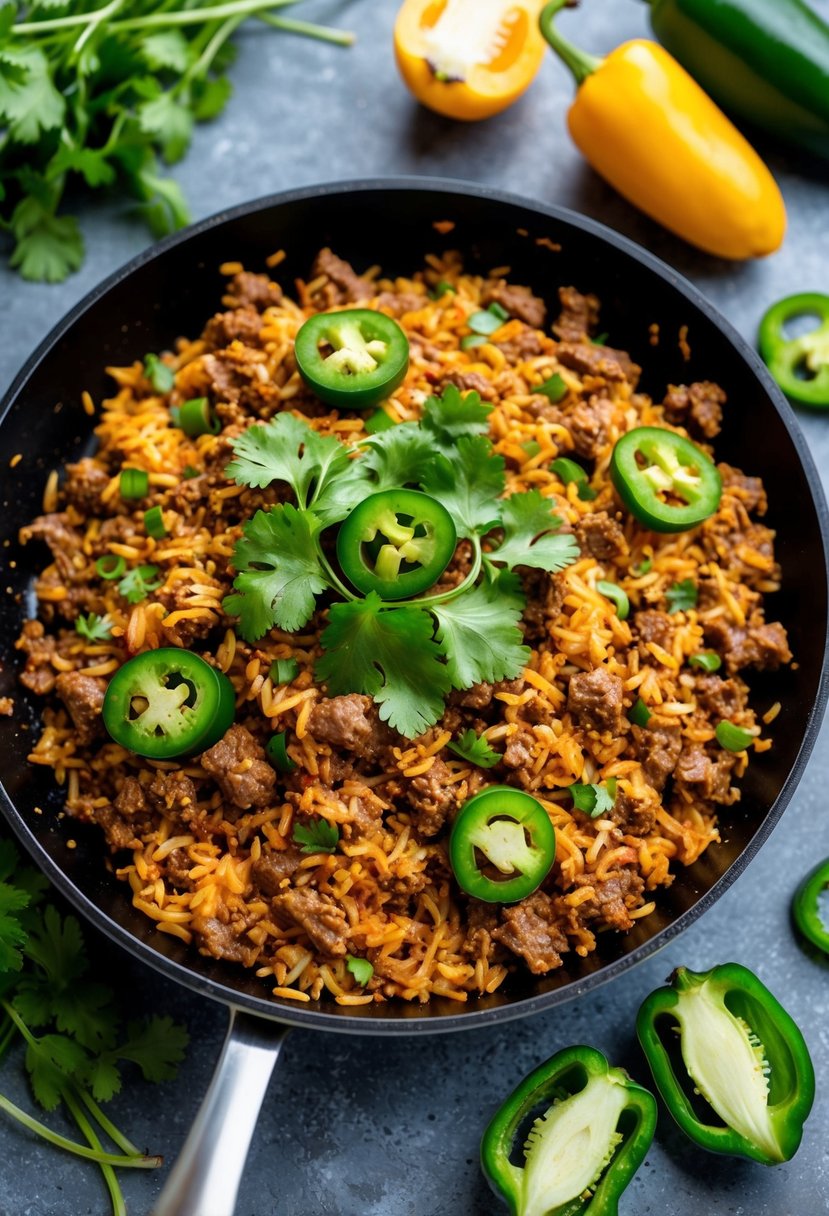 A sizzling skillet of seasoned ground beef and rice, topped with vibrant cilantro and sliced jalapenos