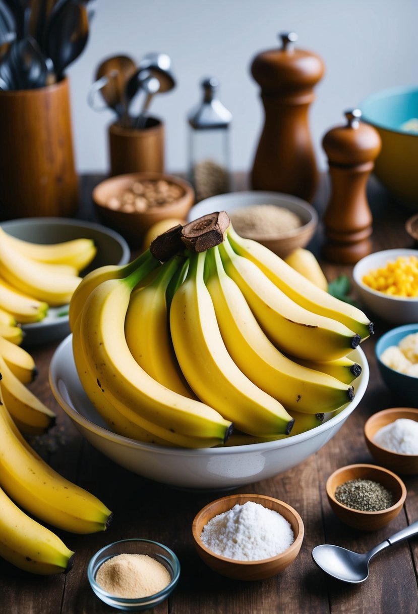 A bowl of ripe bananas surrounded by a variety of ingredients and kitchen utensils, ready to be used for making delicious banana recipes