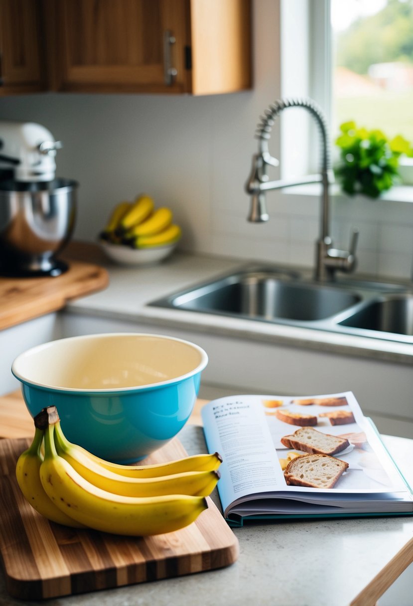 A kitchen counter with a wooden cutting board holding a bunch of ripe bananas, a mixing bowl, and a recipe book open to a page for classic banana bread