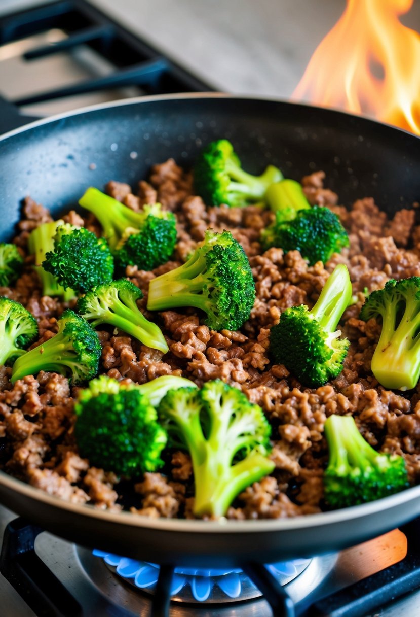 A sizzling skillet with ground beef and broccoli stir-fry cooking over a gas flame