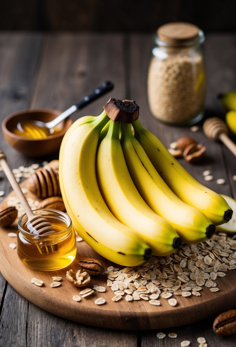 A bunch of ripe bananas surrounded by oats, nuts, and honey on a wooden cutting board