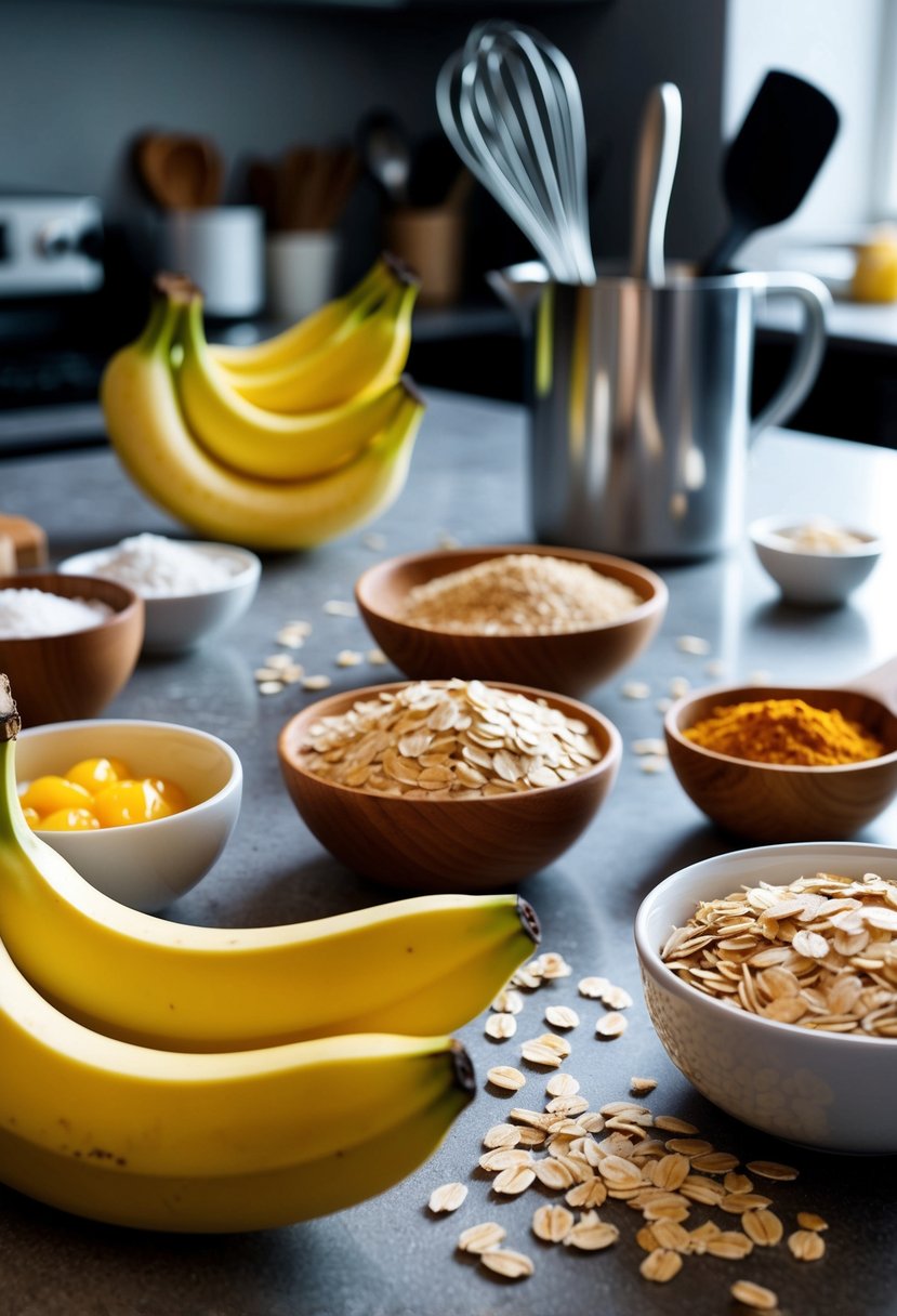 A ripe banana and oats surrounded by baking ingredients and utensils on a kitchen counter