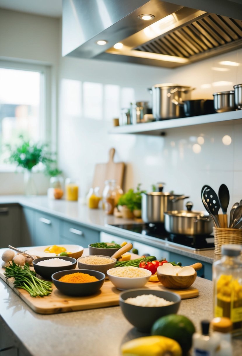 A kitchen counter with various ingredients and utensils for preparing kosher recipes