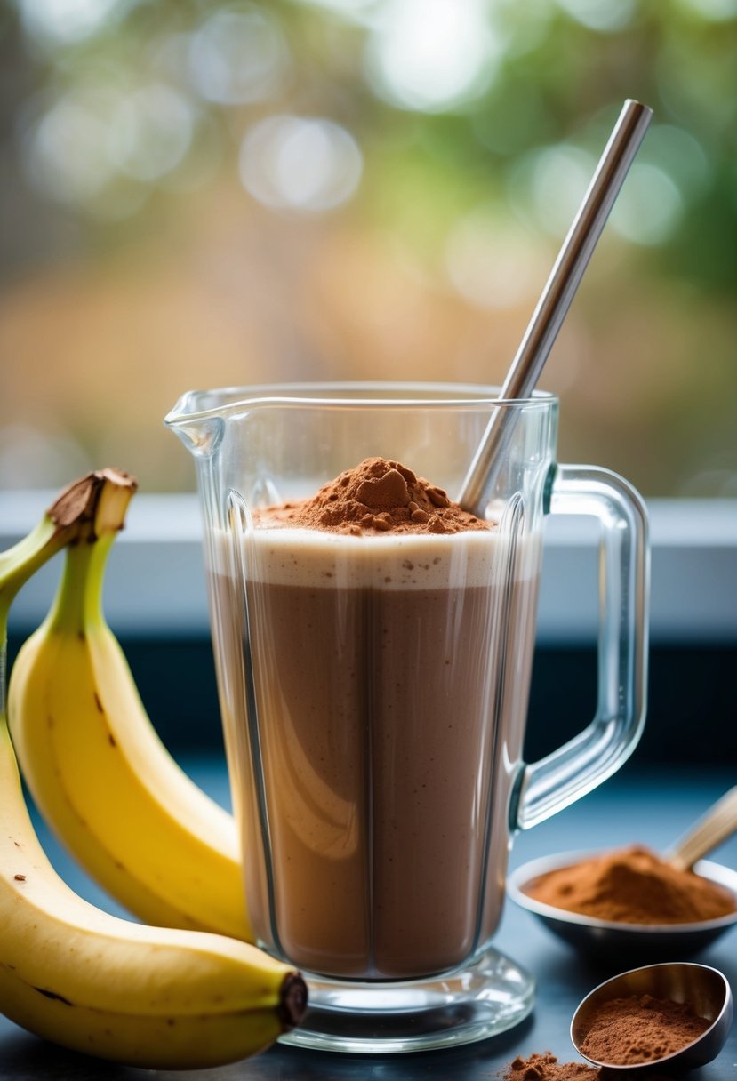 A ripe banana, cocoa powder, and milk blend in a blender, creating a creamy, chocolatey smoothie