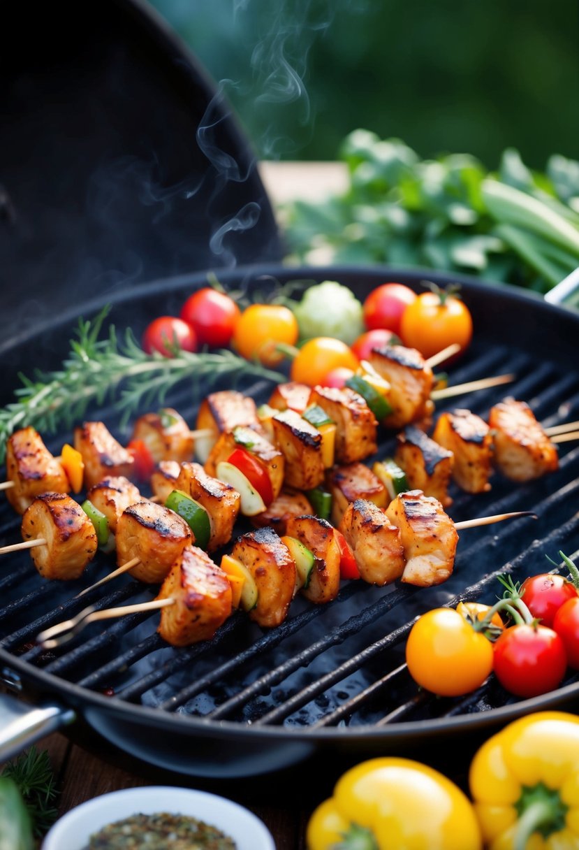 A sizzling grill with barbecue chicken poppers cooking on skewers, surrounded by colorful vegetables and herbs