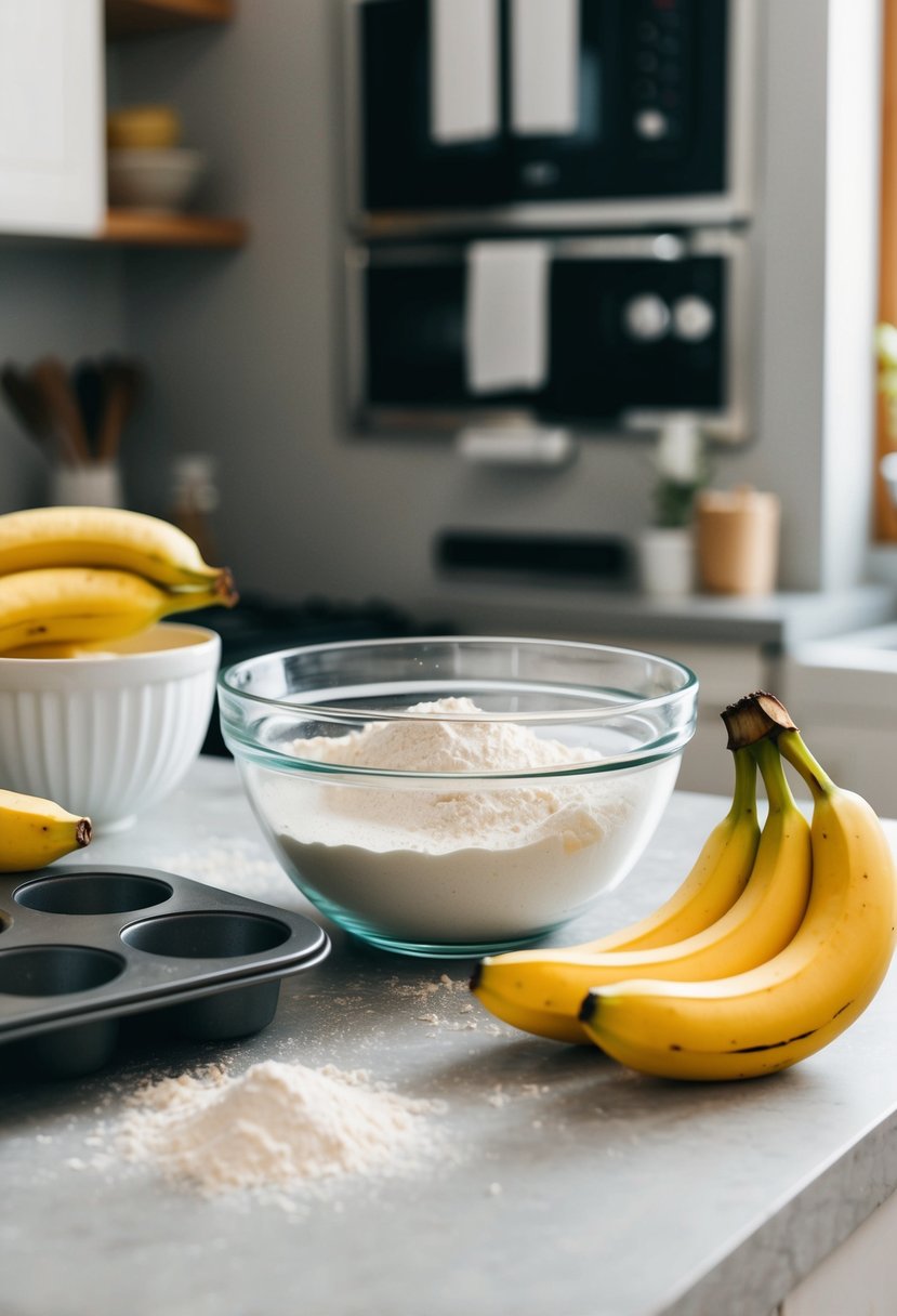 A kitchen counter with a mixing bowl, ripe bananas, flour, and a muffin tin