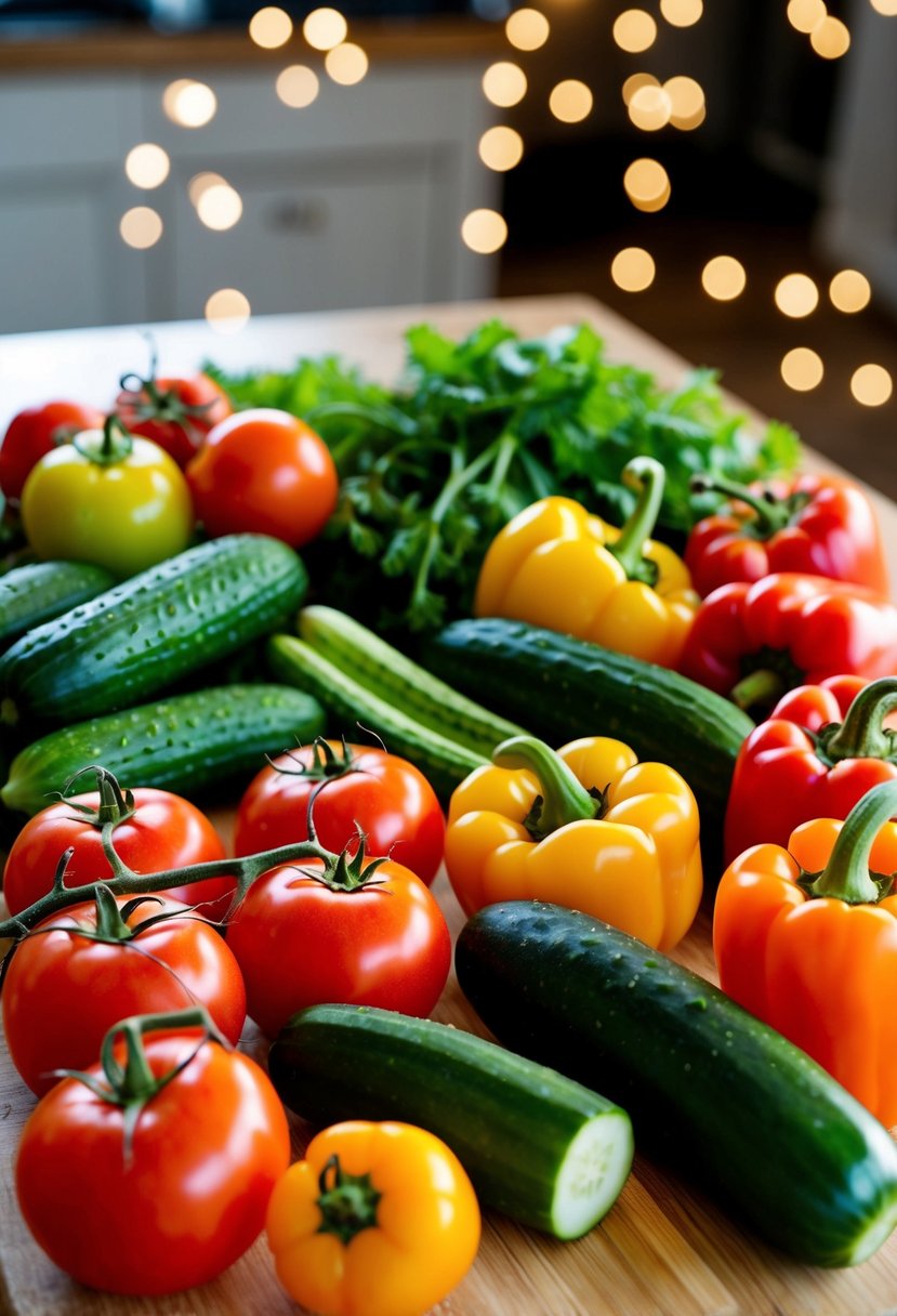 A colorful array of fresh vegetables, including tomatoes, cucumbers, and bell peppers, arranged on a clean cutting board