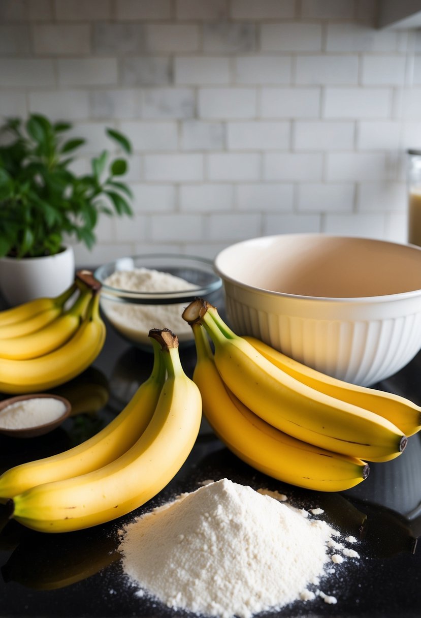 A kitchen counter with ripe bananas, flour, sugar, and a mixing bowl