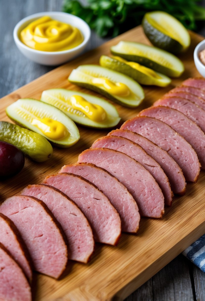 A wooden cutting board with a variety of sliced pastrami, pickles, and mustard arranged in an appetizing display