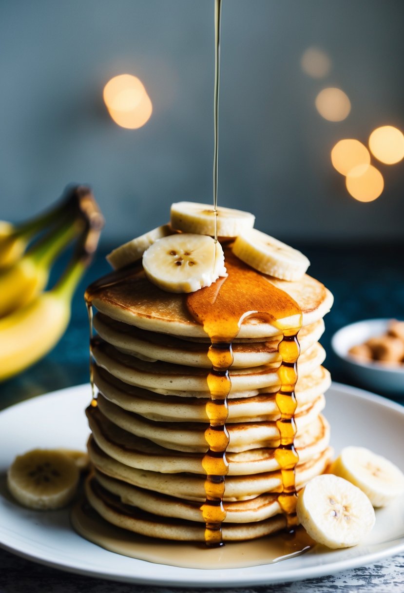 A stack of golden banana pancakes topped with sliced ripe bananas and drizzled with syrup on a white plate