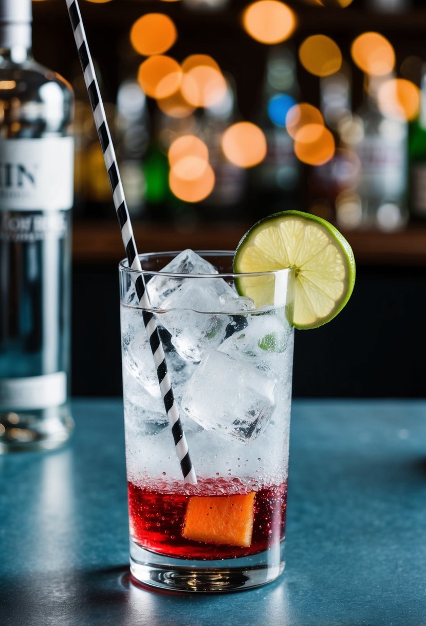 A tall glass filled with ice, gin, and a splash of grenadine, topped with soda water and a lime wedge