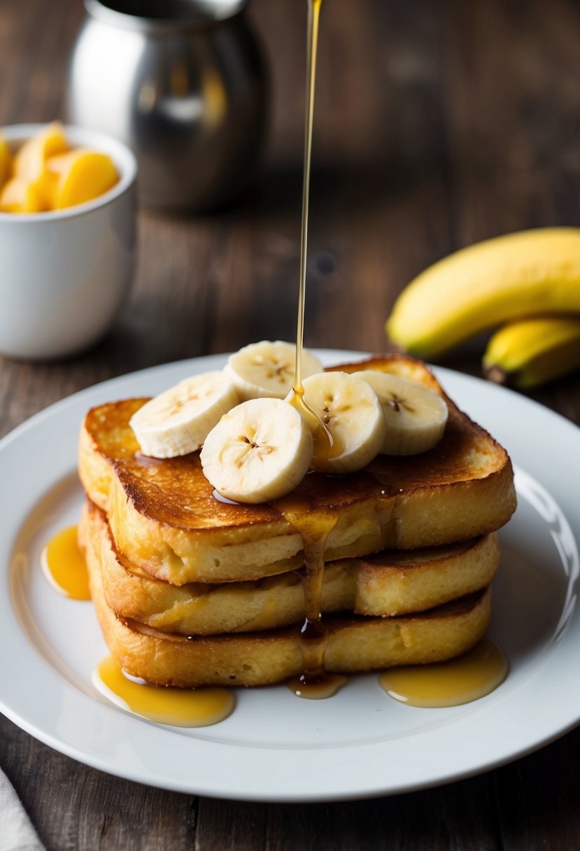 A plate of golden French toast topped with sliced ripe bananas and drizzled with syrup