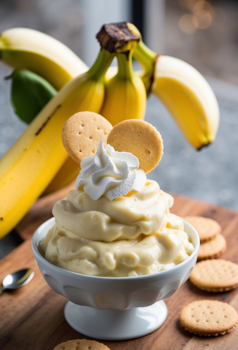 A ripe banana sits atop a mound of creamy banana pudding, garnished with vanilla wafers and a dollop of whipped cream