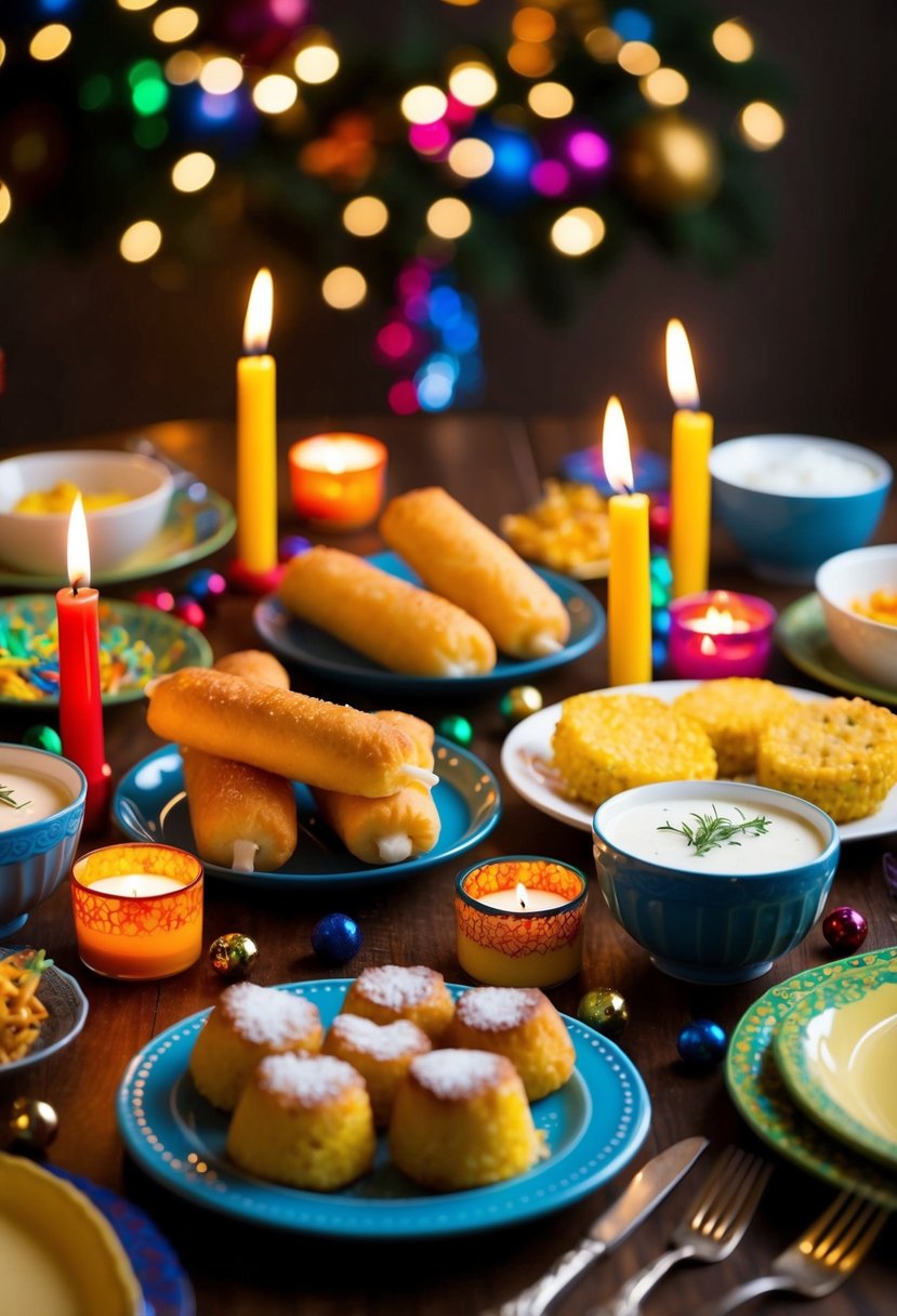 A festive table with Hanukkah-themed corn dogs, latkes, and kosher recipes spread out, surrounded by colorful decorations and flickering candles