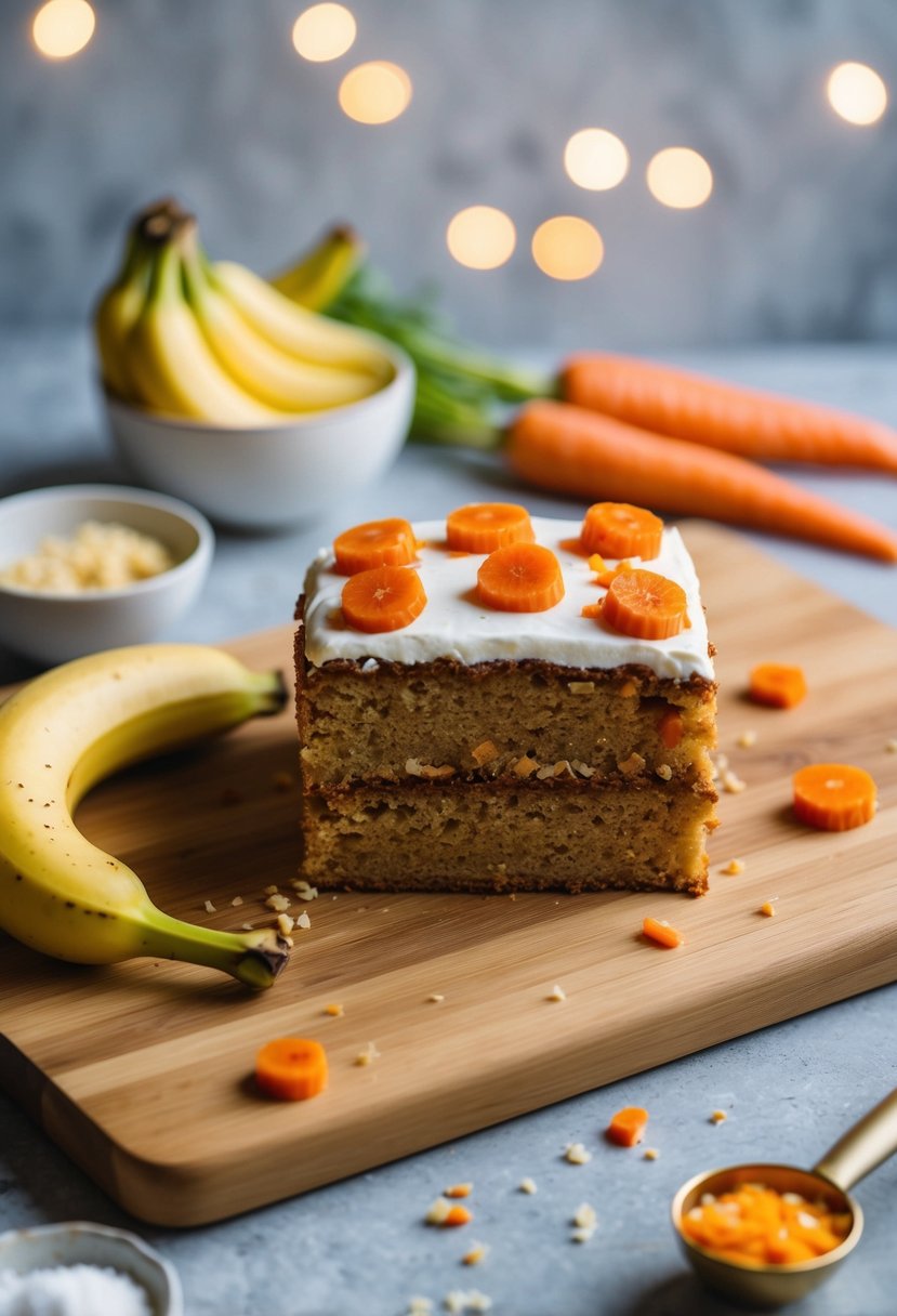 A ripe banana and carrot cake on a wooden cutting board with scattered ingredients around