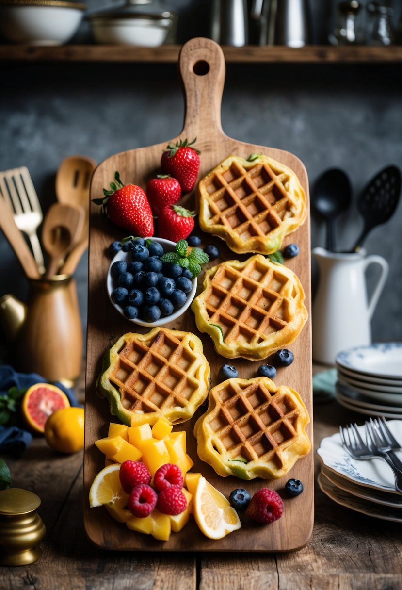 A rustic wooden board adorned with waffle latkes, fresh fruit, and a variety of toppings, set against a backdrop of vintage kitchen utensils and cookbooks