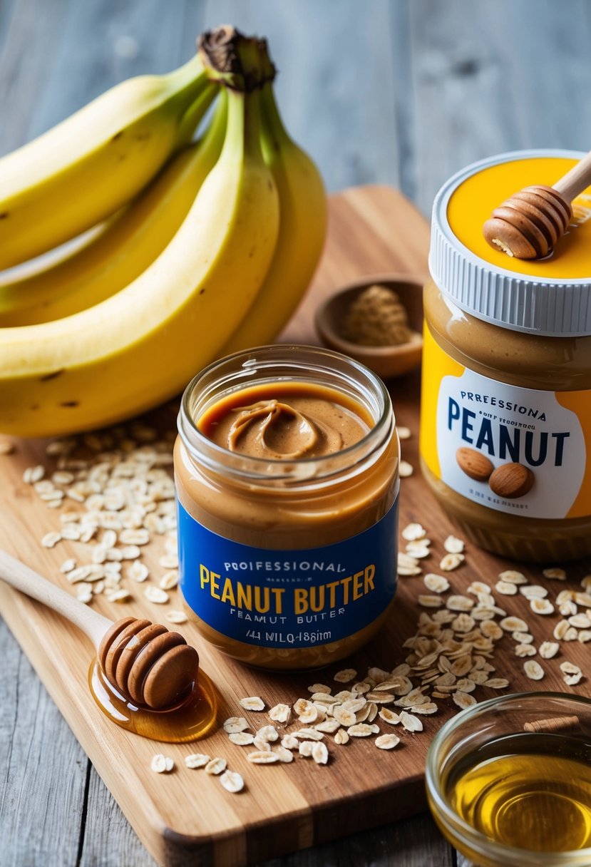 A ripe banana and jar of peanut butter on a wooden cutting board, surrounded by scattered oats and honey