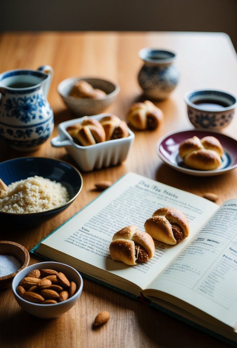 A table set with almond hamentaschen, ingredients, and a recipe book