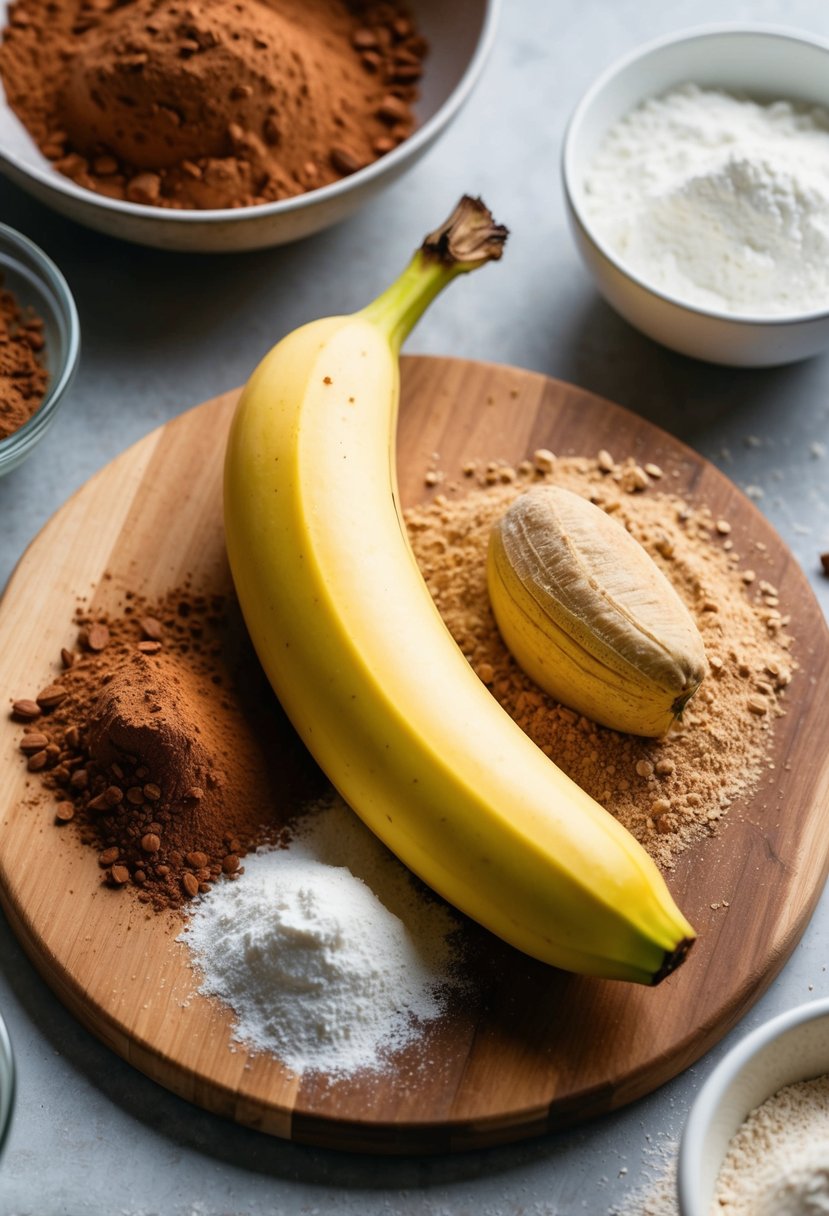 A ripe banana sits on a wooden cutting board surrounded by cocoa powder, flour, and other baking ingredients