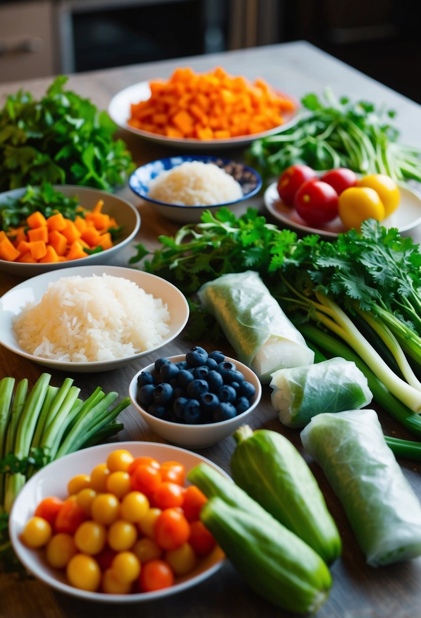 A table set with fresh vegetables, rice paper, and various kosher ingredients for making Bourique Spring Rolls