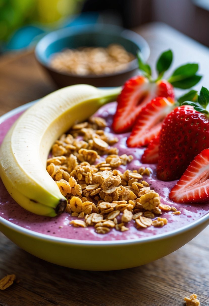 A ripe banana, sliced strawberries, and a handful of granola arranged in a colorful smoothie bowl