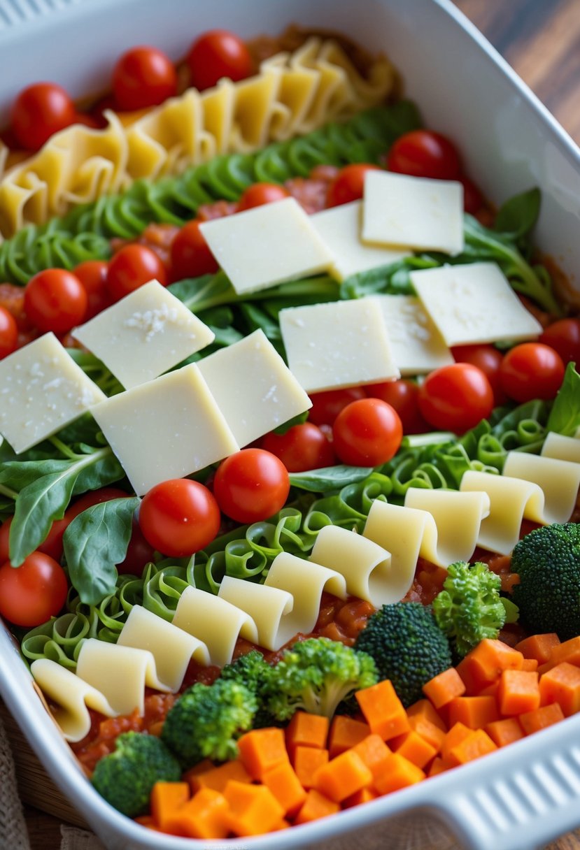 A colorful array of fresh vegetables, lasagna noodles, and kosher cheese layered in a baking dish