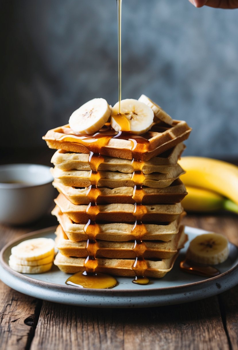 A stack of golden gluten-free banana waffles topped with sliced ripe bananas and drizzled with syrup on a rustic wooden table