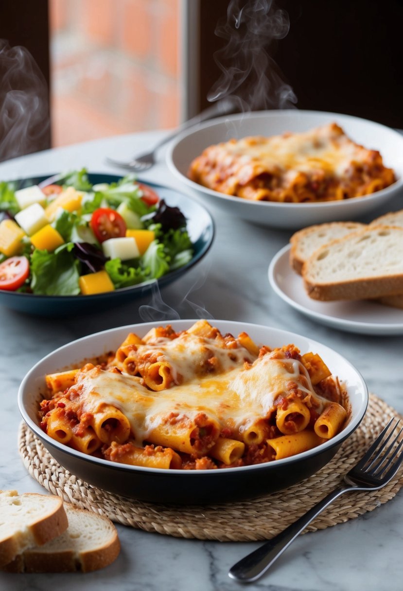 A table set with a steaming dish of baked ziti, a colorful salad, and slices of bread, all prepared according to kosher recipes