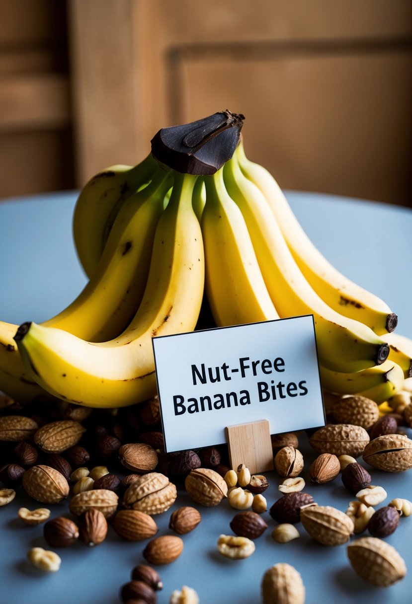 A bunch of ripe bananas surrounded by various nuts, with a sign indicating "Nut-Free Banana Bites" on a table